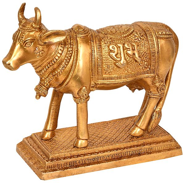 6" Holy Cow with Shubh-Labh Engraved on Saddle In Brass | Handmade | Made In India