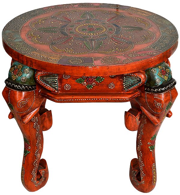 Colorfully Decorated Wooden Table with Elephant Head Legs