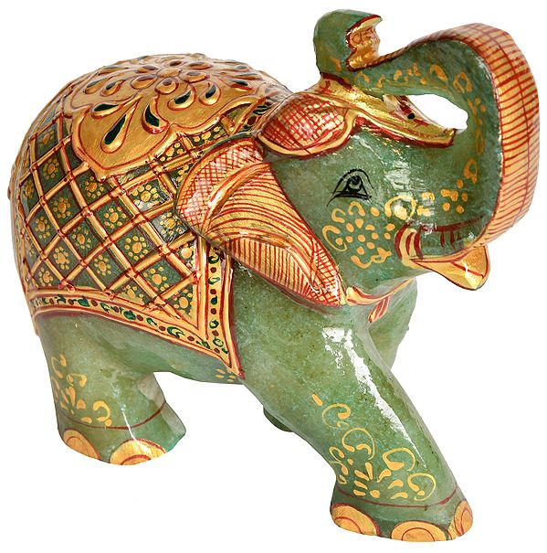 Elephant with Upraised Trunk (Supremely Auspicious According to Vastu) - Carved in Jade Gemstone