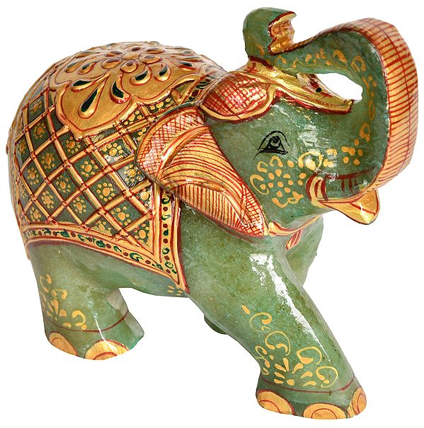 Elephant with Upraised Trunk (Supremely Auspicious According to Vastu) - Carved in Jade Gemstone