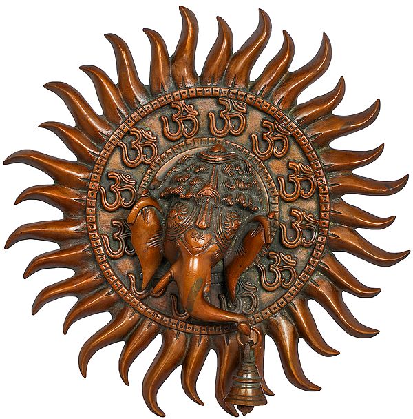 10" Ganesha Mukhamandala Emerging from The Sun: Wall-Hanging in Brass | Handmade
