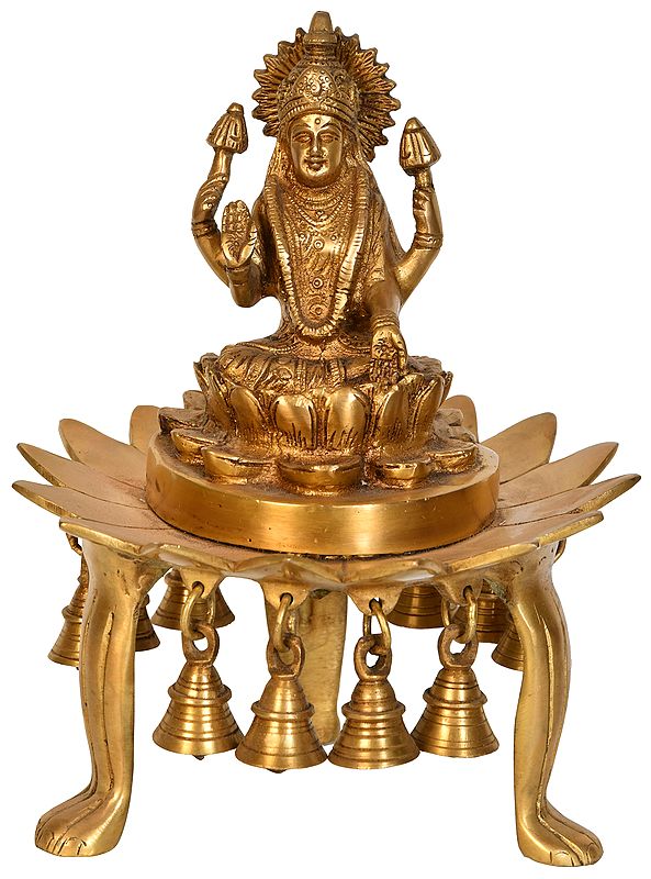 10" Devi Lakshmi Seated on Lotus with Bells In Brass | Handmade | Made In India