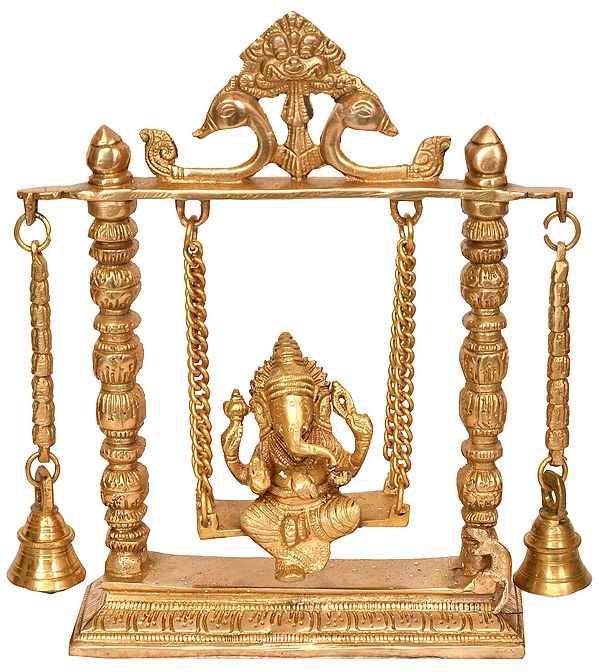 10" Lord Ganesha on a Swing with Hanging Bells In Brass | Handmade | Made In India