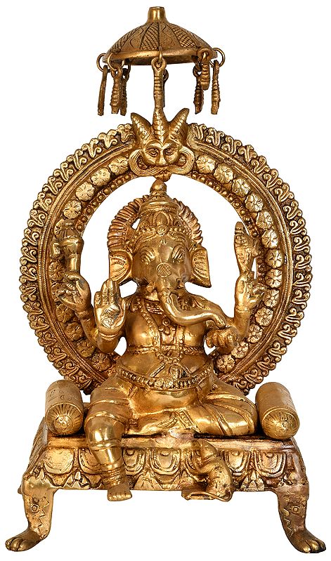 17" Lord Ganesha Seated on Throne with Parasol In Brass | Handmade | Made In India