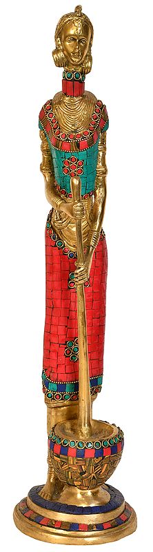 19" African Tribal Lady Pounding Rice In Brass | Handmade | Made In India