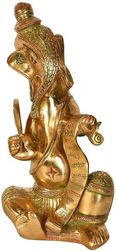 10" Ganesha Writing The Mahabharata with Peacock Feather In Brass | Handmade | Made In India