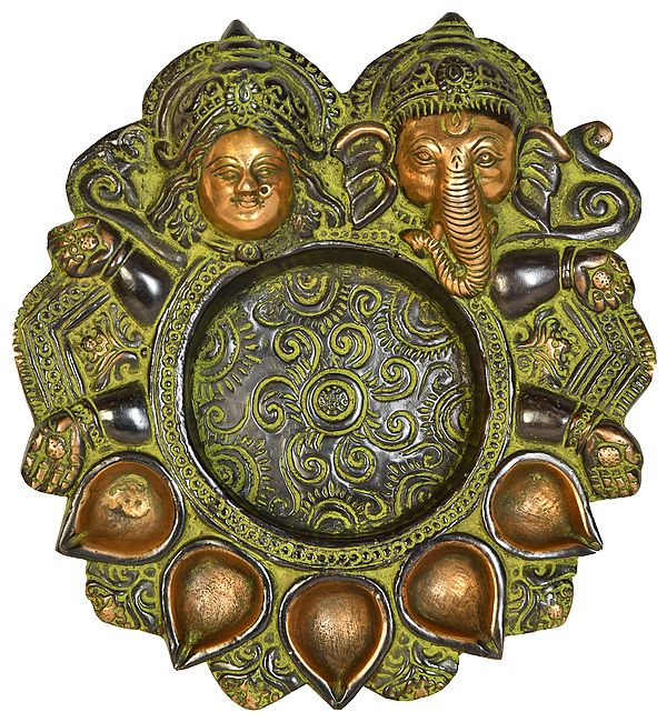 8" Lakshmi Ganesha Diya Plate In Brass | Handmade | Made In India