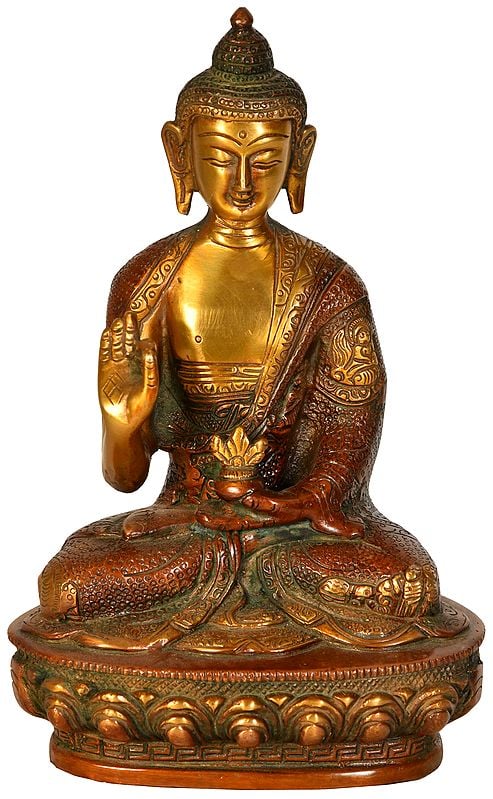 8" Tibetan Buddhist Deity Preaching Buddha with Carved Robe In Brass | Handmade | Made In India