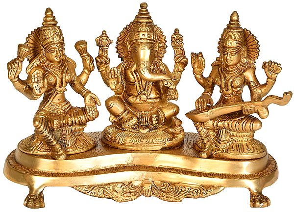 6" Lakshmi Ganesha and Saraswati In Brass | Handmade | Made In India