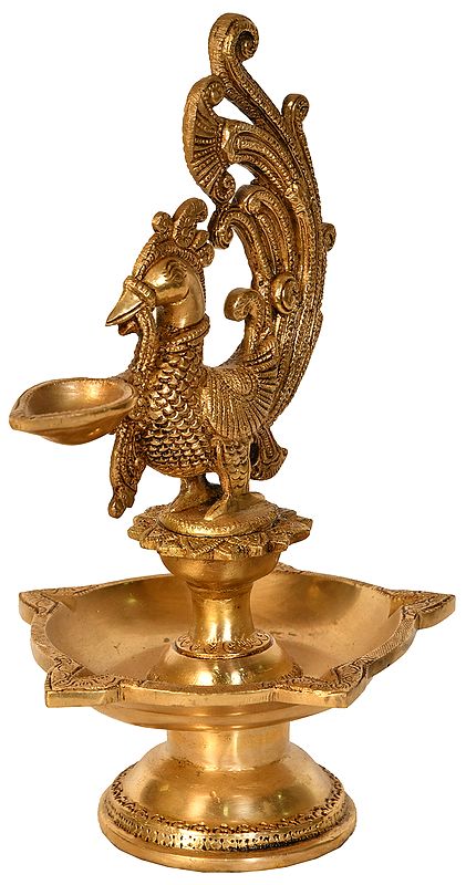 10" Auspicious Peacock Lamp In Brass | Handmade | Made In India