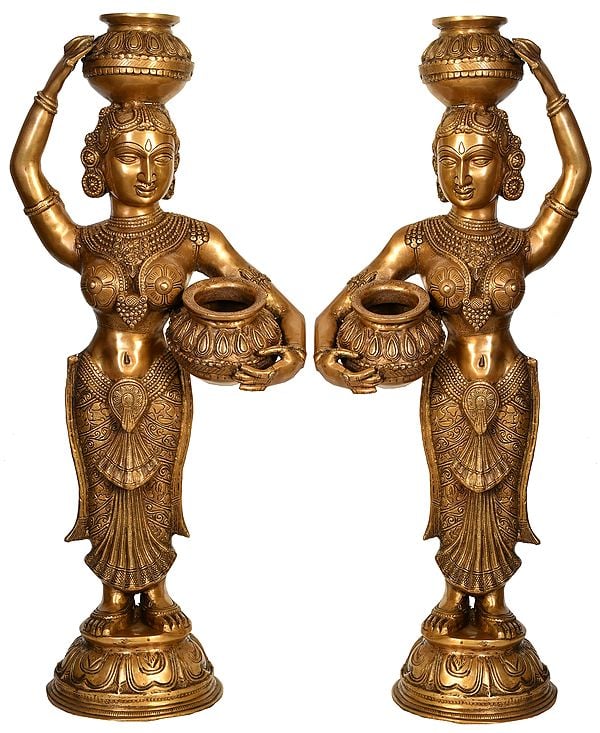 35" Pair of Large Size Krishna's Gopis (Milk Maidens) In Brass | Handmade | Made In India