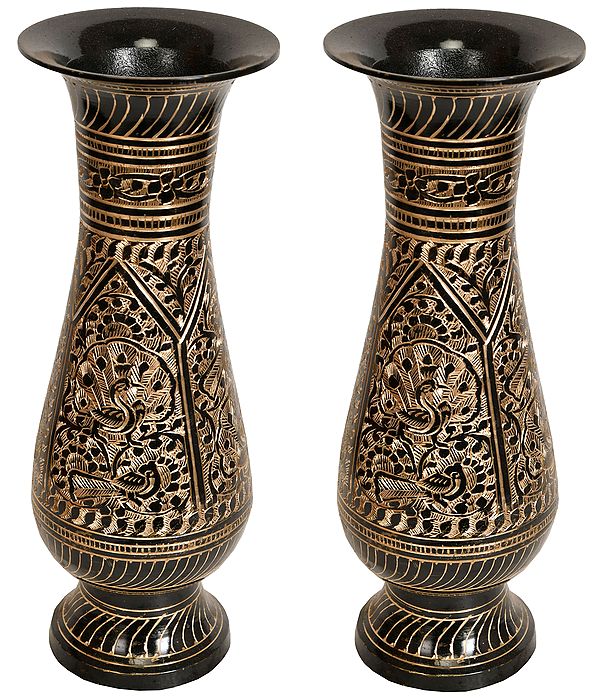 Pair of Engraved Peacock Flower Vase