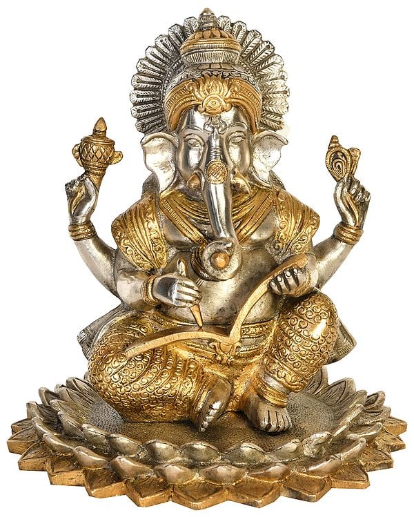 8" Ganesha Seated on Triple Lotus Pedestal and Writing The Mahabharata In Brass | Handmade | Made In India