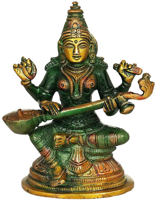 5" Goddess Saraswati Brass Statue | Handmade | Made in India