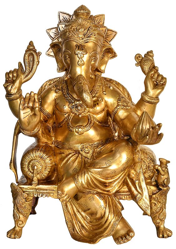 19" Lord Ganesha Seated on Chowki In Brass | Handmade | Made In India