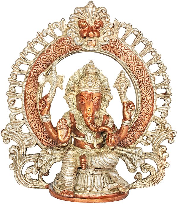 8" Seated Ganesha, Within A Kirtimukha Prabhavali in Brass | Handmade | Made in India