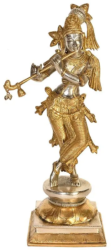 14" Krishna Playing on Flute In Brass | Handmade | Made In India