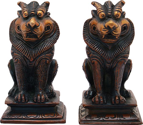 3" Pair of Yali Brass Sculpture - Temple Guardians | Handmade | Made in India