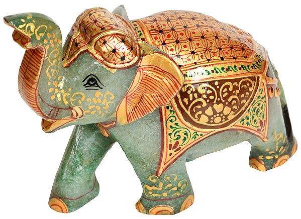Decorated Elephant with Upraised Trunk - For Vastu (Carved in Jade Gemstone)