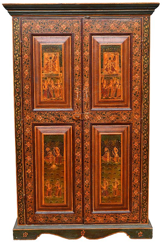 Wooden Cupboard Decorated with the Figures of Shrinathji, Krishna Lila and and Gopiyan (Large Size)