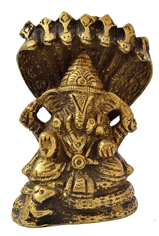 2" Ganesha Idol Under Seven Hooded Serpent Canopy | Handmade Small Statue in Brass