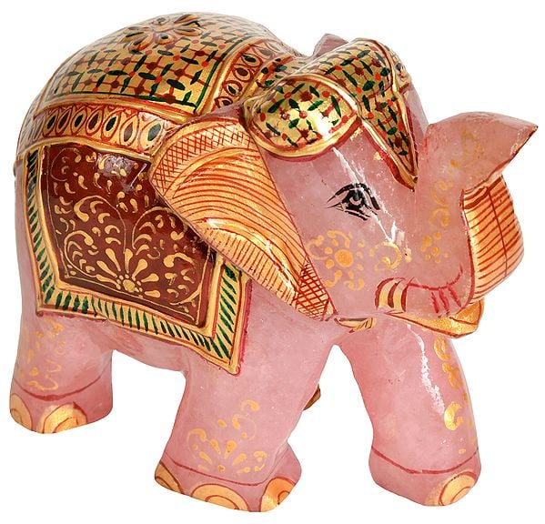 Decorated Elephant with Upraised Trunk (Auspicious According to Vastu) - Carved in Rose Quartz