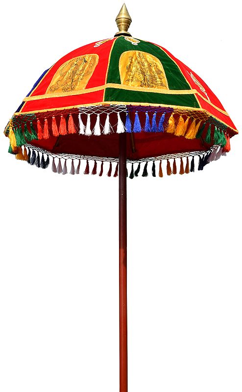 South Indian Temple Umbrella with Figures of Karttikeya, Ganesha, Shiva Linga, Nandi and Peacock