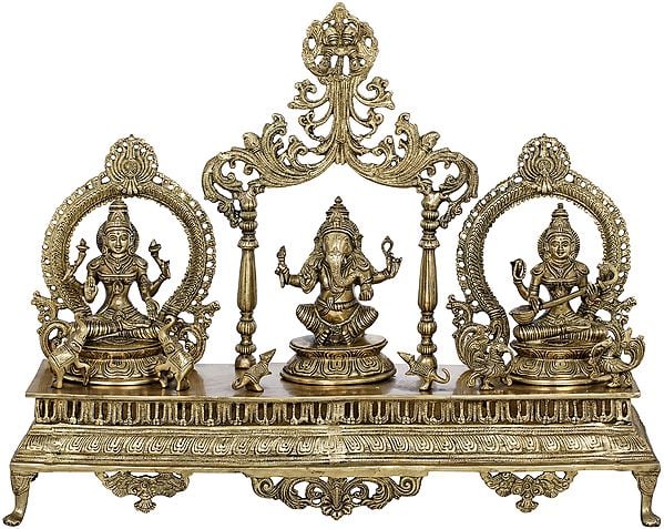 27" The Great Trinity of Lakshmi, Ganesha and Saraswati In Brass | Handmade | Made In India