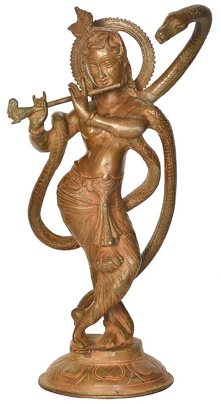 15" Krishna Flanked by the Snake Ananta In Brass | Handmade | Made In India
