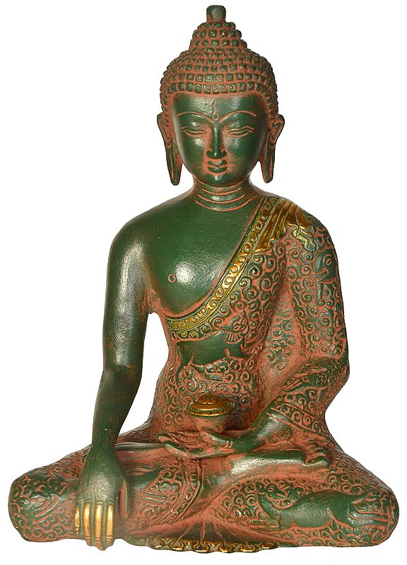 8" Brass Lord Buddha Idol in Earth Touching Gesture Wearing a Carved Robe
