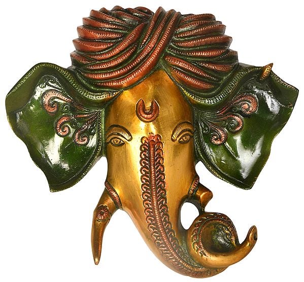 9" Turbaned Ganesha Wall Hanging Mask In Brass | Handmade | Made In India