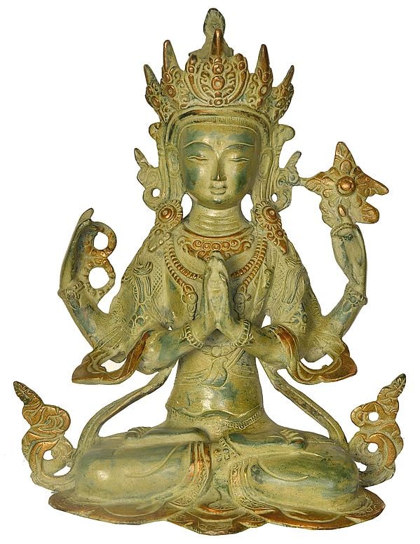 10" Tibetan Buddhist Deity Chenrezig  (Four-Armed Avalokiteshvara) In Brass | Handmade | Made In India
