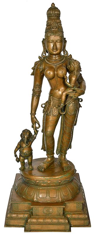 Goddess Parvati with Her Two Sons (Superfine Large Size Sculpture)
