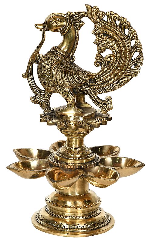 11" Seven Wick Peacock Lamp in Brass | Handmade | Made in India