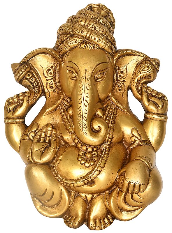 10" Turbaned Ganesha Wall Hanging (Flat Statue) In Brass | Handmade | Made In India