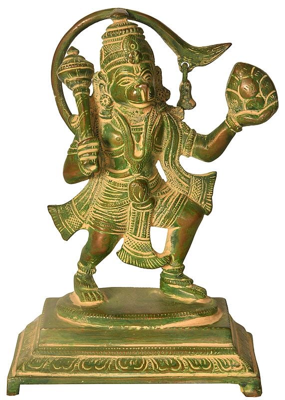 6" Brass Hanuman Statue with Sanjeevani Mountain | Handmade | Made In India