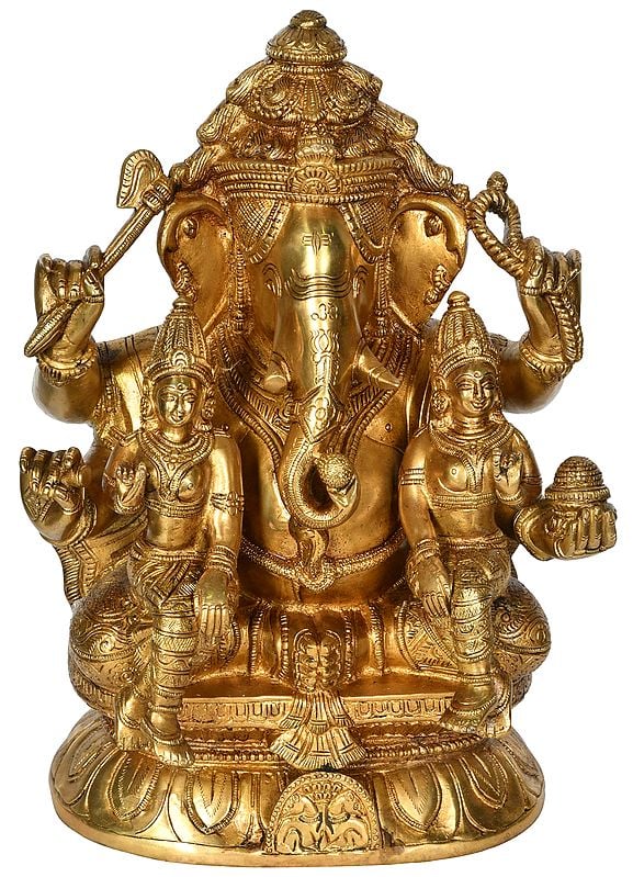 12" Ganesha Statue with Riddhi Siddhi | Handmade Brass Statue | Made in India