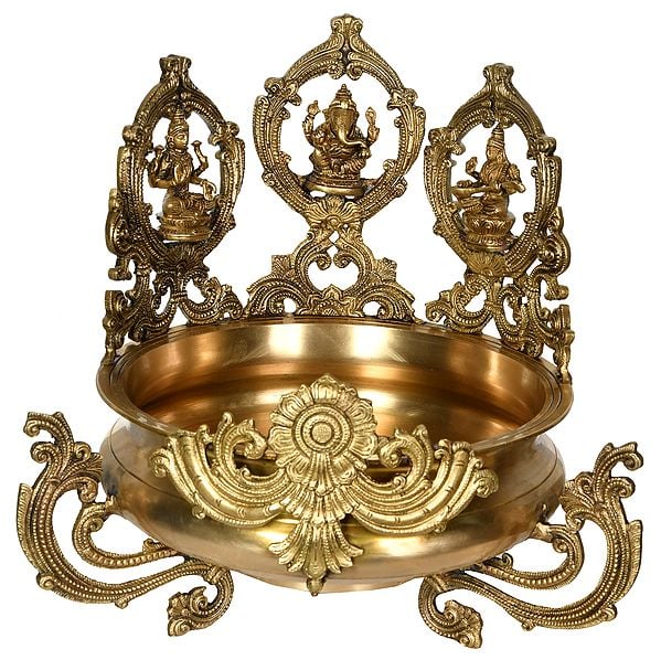 15" Urli with Lakshmi, Ganesha and Saraswati In Brass | Handmade | Made In India