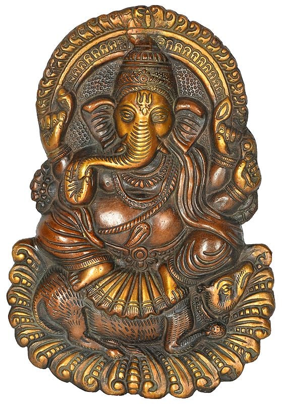 9" Ganesha Seated on Rat Wall Hanging (Flat Statue) In Brass | Handmade | Made In India