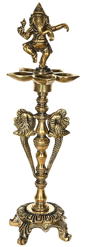 12" Dancing Ganesha Five Wick Lamp in Brass | Handmade | Made in India