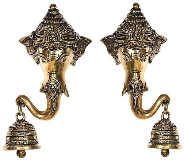 8" Pair of Ganesha Mask with Bell (Wall Hanging) In Brass | Handmade | Made In India