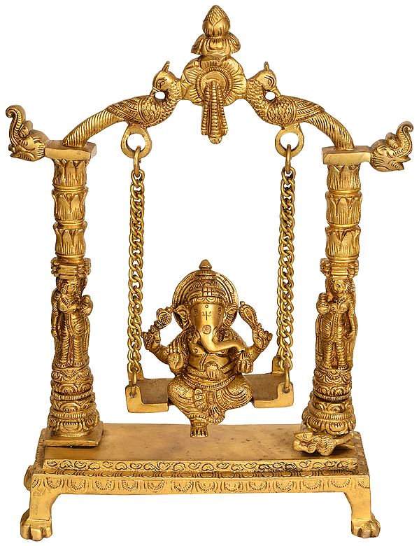 11" Ganesha Idol Seated on Swing | Handmade Brass Statue | Made in India
