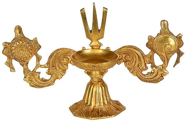 12" Wick Lamp on Stand with Vaishnava Symbols in Brass | Handmade | Made in India