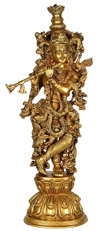 24" Krishna Playing on Flute In Brass | Handmade | Made In India
