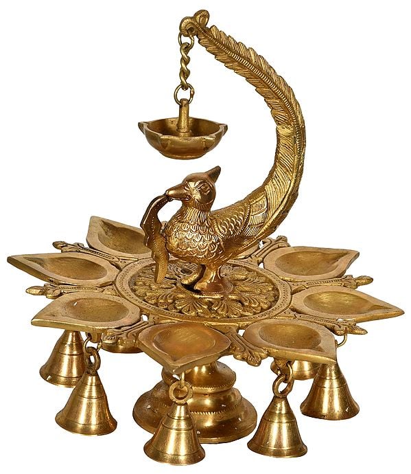 10" Peacock Wick Lamp with Bells in Brass | Handmade | Made in India