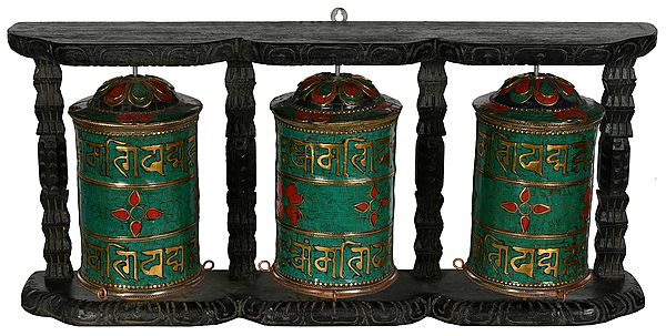 (Made in Nepal) Three Prayer Wheels in One Stand