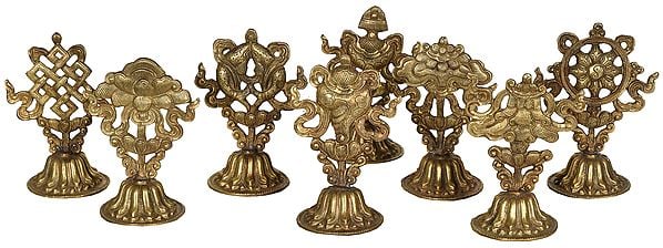 4" Ashtamangala Symbols on Stand (Tibetan Buddhist) In Brass | Handmade | Made In India