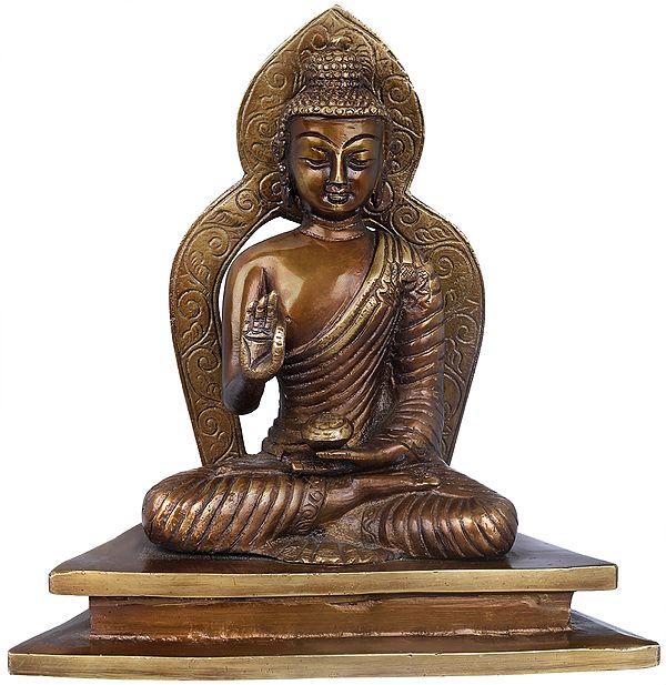 7" Tibetan Buddhist Seated Buddha, Aureole Matching His Silhouette In Brass | Handmade | Made In India
