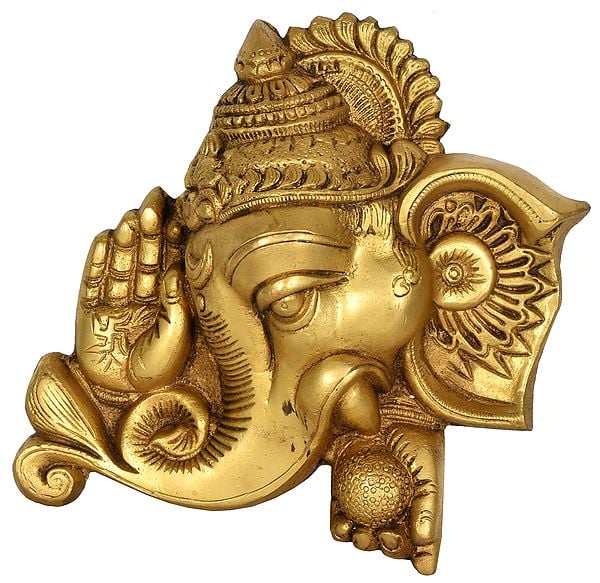 8" Blessing Ganesha Wall Hanging  Mask In Brass | Handmade | Made In India