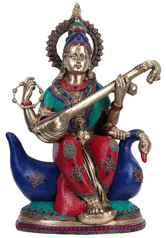 28" Goddess Saraswati Seated On a Swan (Large Size) In Brass | Handmade | Made In India
